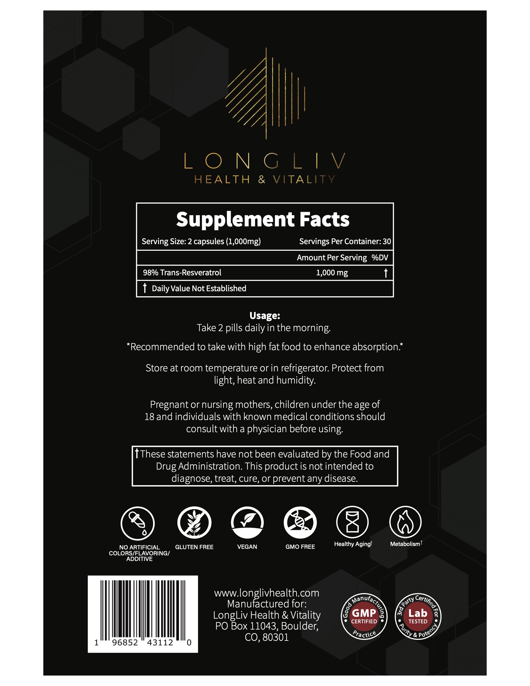 LongLiv Micronized Trans-Resveratrol Capsules - Image 2